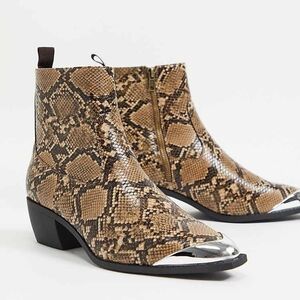 Stylish Snake Print Ankle Boots with Metallic Tips